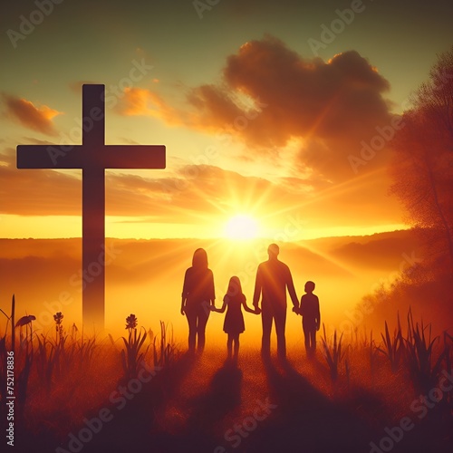 Silhouette of a family and the cross of Jesus Christ against the backdrop of an autumn sunset. Holy Easter Sunday concept.