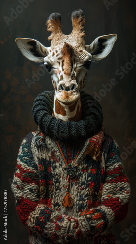 Portrait of a giraffe-human hybrid ultra realistic details traditional knitwea © Xabi