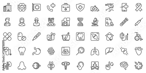 Line icons about medicine and healthcare as hospital, pharmacy, insurance, emergency and medical specialties. Editable stroke and pixel perfect.