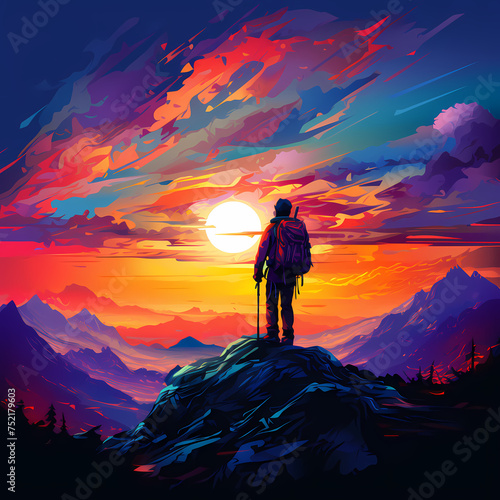 Silhouette of a person hiking against a colorful sky