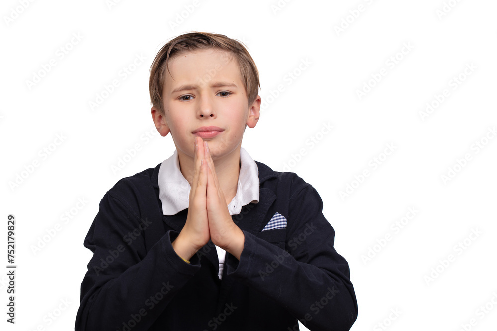 Portrait of a boy asking for something on a white background in close-up.