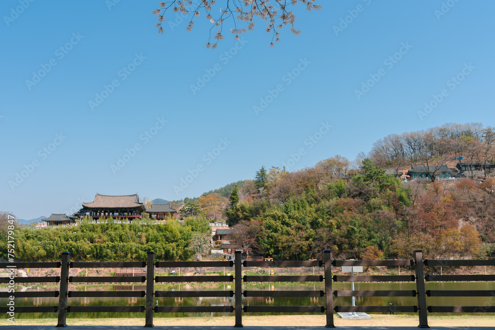 Yeongnamnu traditional pavilion and Miryang River in Miryang, Korea