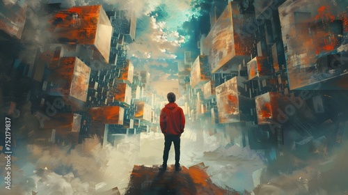 Man Observing City in the Sky Cubo-Futuristic 3D Rendering, To convey a sense of surrealism and futuristic urban landscape in a dynamic and photo