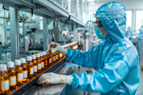 Pharmaceutical Scientist Inspecting Medication Bottles in Sterile Laboratory Environment