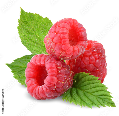 Raspberry berries with leaves close-up isolated on white background