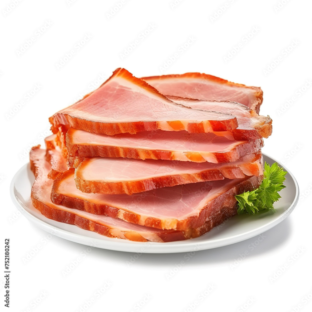 Cooked ham slices, isolated on a white background Cooked ham slices, isolated on a white background