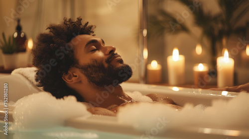 Serene Man Relaxing in Bubble Bath with Candles