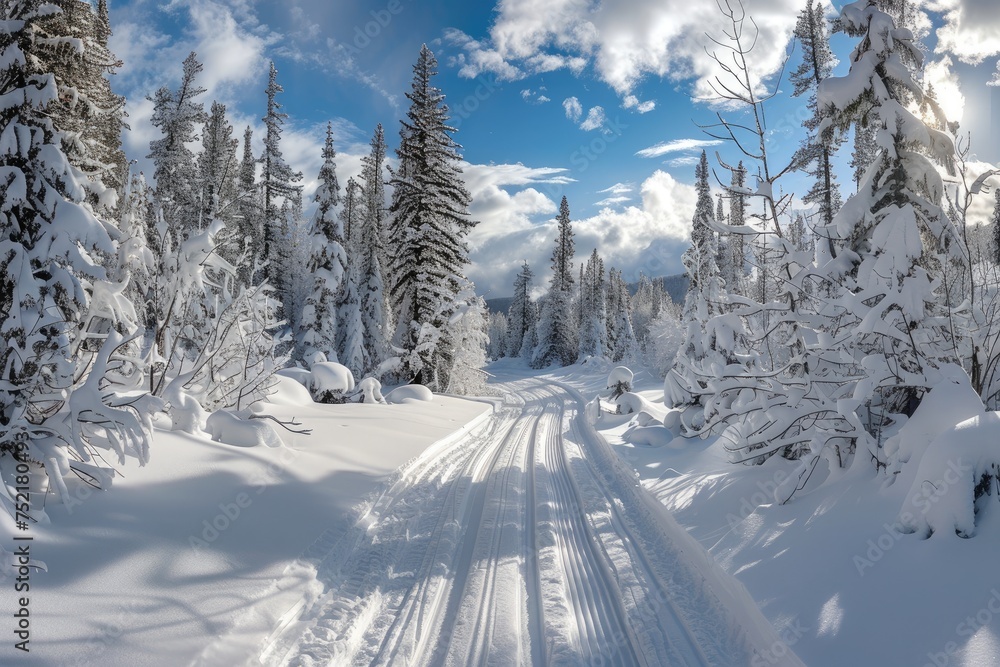 Obraz premium A panoramic view of a crosscountry skiing trail through a winter wonderland