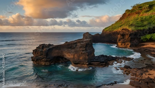 Beautiful scenery of rock formations by the sea at Queens Bath, Kauai, Hawaii at sunset