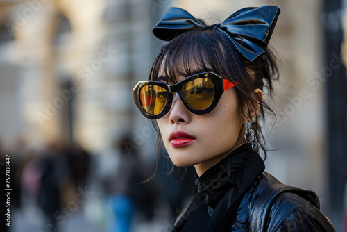 Stylish Woman with Oversized Sunglasses and Bow Accessory in Urban Setting