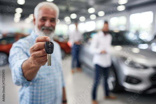 Smiling Customer Holds Keys, Salesmen in the Background