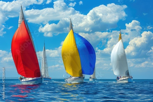 A picturesque scene of a sailing regatta with colorful sails against the ocean