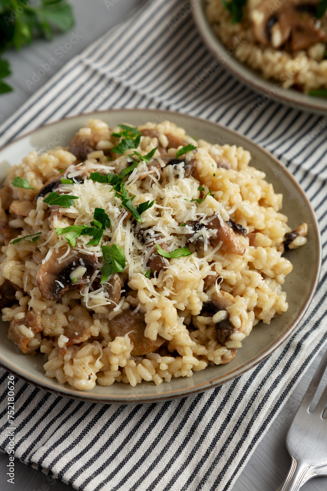 Homemade One-Pot Bacon And Mushroom Risotto on a Plate, side view. Homemade One-Pot Bacon And Mushroom Risotto on a Plate, side view.