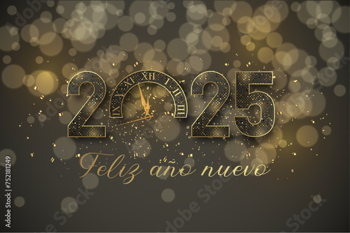 Tarjeta o diadema para desear un feliz año nuevo 2025 en gris y dorado El 0 se sustituye por un reloj sobre fondo gris con purpurina dorada y estrellas y círculos con efecto bokeh
