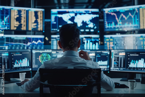 Professional Trader Monitoring Financial Markets in a High-tech Trading Room