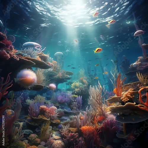Surreal underwater scene with marine life. 