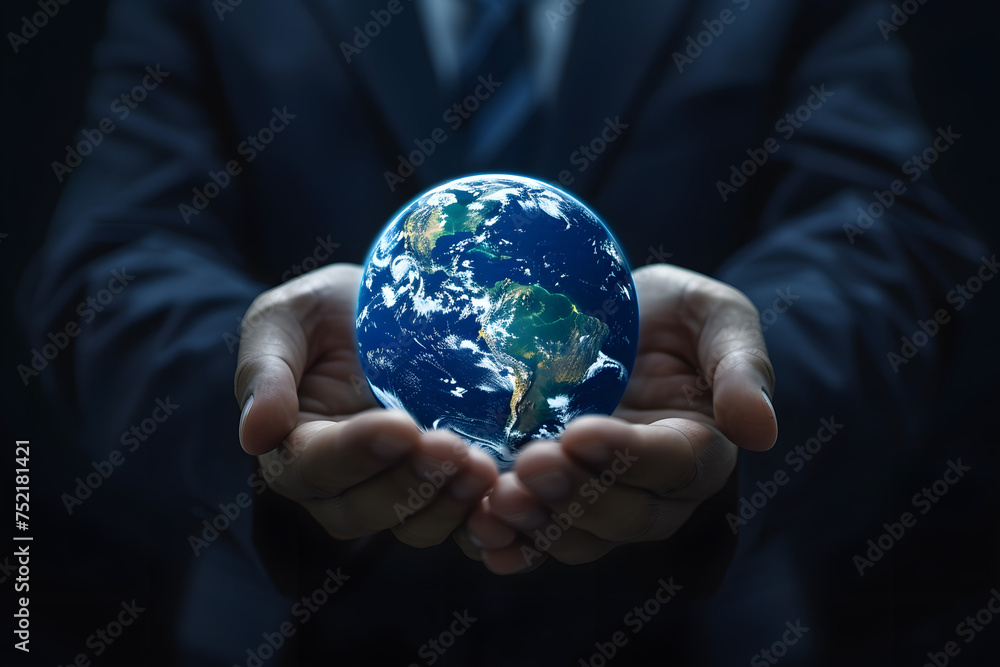 Close up of businessman holding digital globe in palms on dark background - Close up of businessman holding digital globe in palms on dark background -