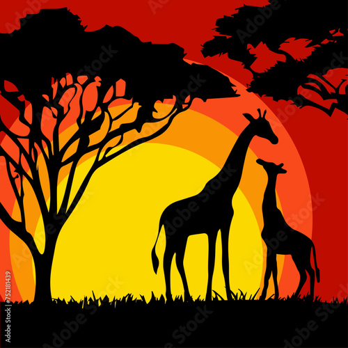 Landscape with silhouettes of giraffes in Africa. Vector illustration