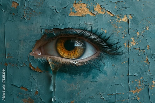 CloseUp Portrait of Woman's Eye with Tear Running Down, Emotional Concept, Sadness and Vulnerability Theme