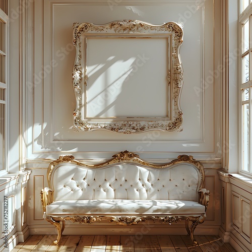 Vintage, Victorian golden picture frame mock up in the luxurious mansion living room, for wall art and painting mockup presentation. 