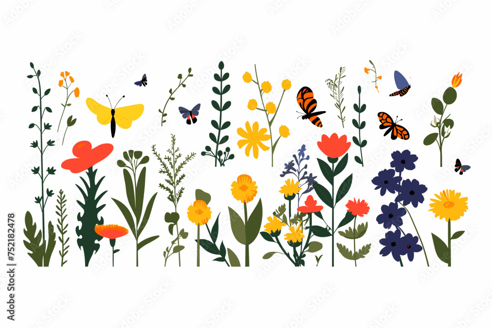 Wild spring flowers vector collection. herbs, herbaceous flowering plants, butterflies, bugs, blooming flowers, subshrubs isolated on white background. Detailed botanical vector illustration.