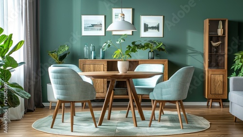 Interior of modern cozy living room with dining area. Green walls with posters  round wooden dining table and mint color chairs on a round carpet  many indoor plants.