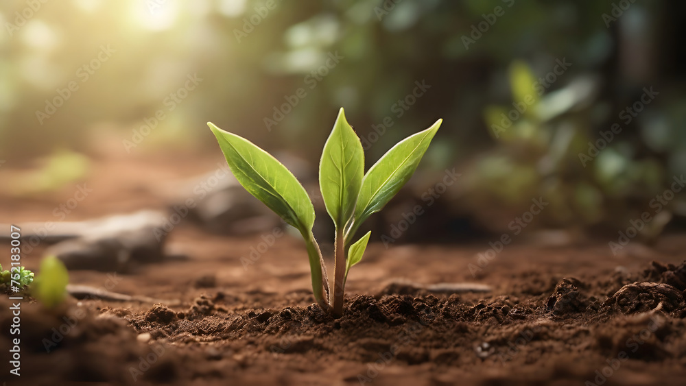 A close-up view of a young plant, its tender stem and leaves growing in the warm, brownish soil, rendered with stunning detail and realism. - obrazy, fototapety, plakaty 