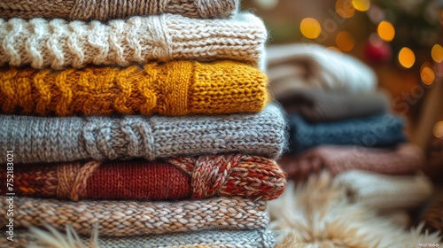 Stack of Sweaters on Wooden Bench
