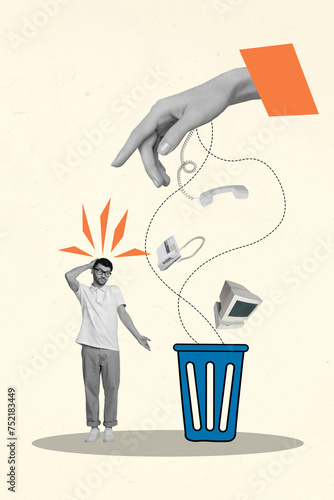 Cuadro en lienzo Vertical creative collage poster young man questioned confused human hand throwi