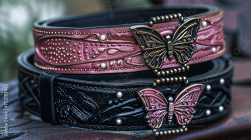 Two womens belts pink and black with beautiful butte photo