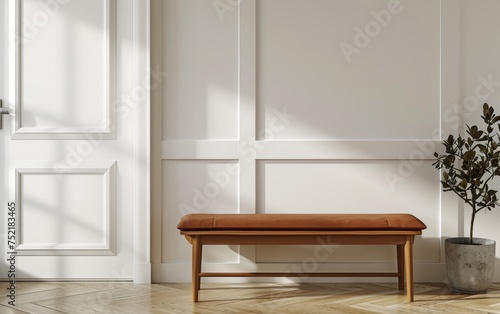 Interior design of wooden bench with brown leather cushion near houseplant and wood door in white paneling wall