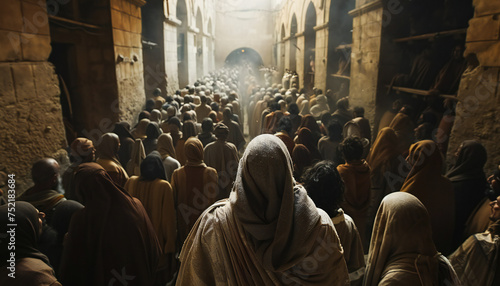 Recreation of people from back walking in a ancient street of Jerusalem photo