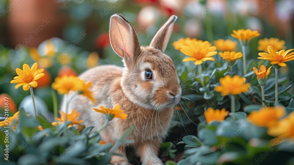 Rabbit Sitting in Field of Flowers Rabbit Sitting in Field of Flowers