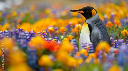 Penguin Standing in Field of Flowers