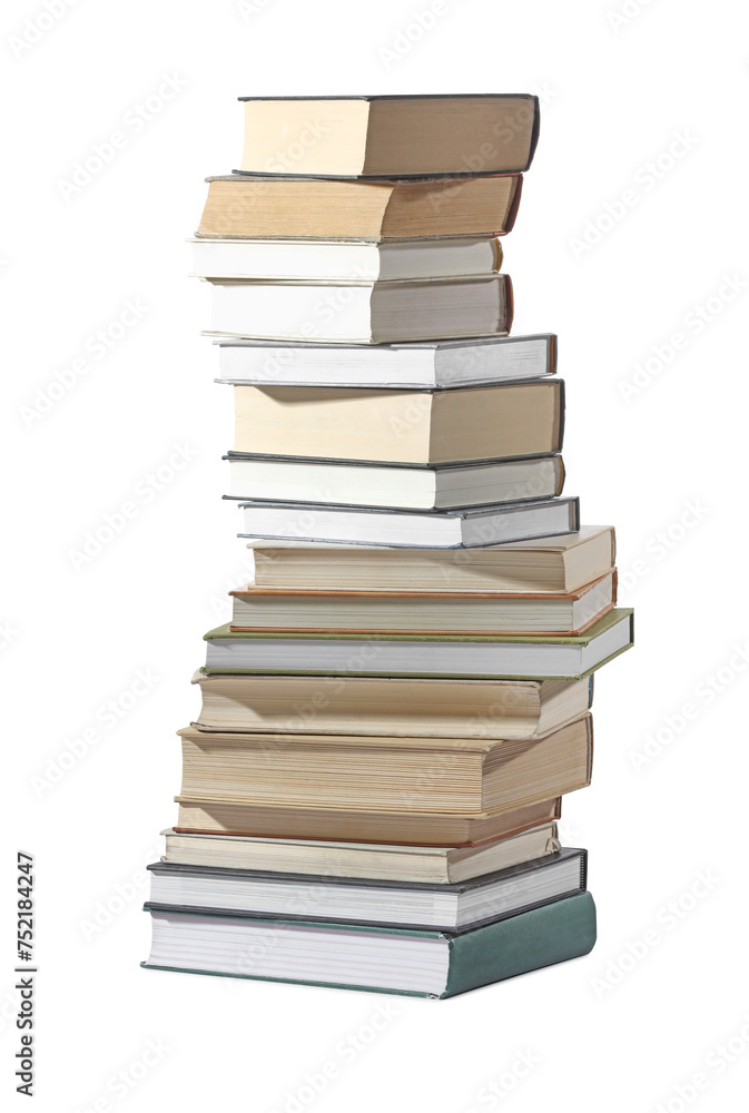 High stack of many different books isolated on white High stack of many different books isolated on white