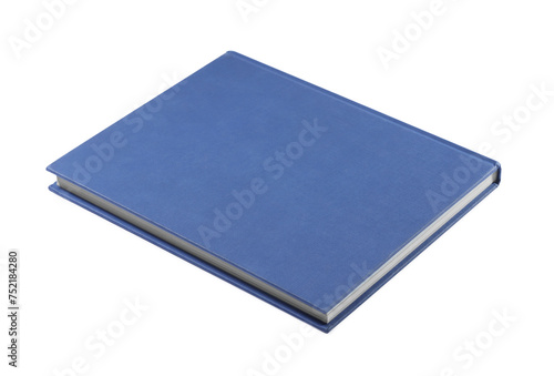 One closed blue hardcover book isolated on white