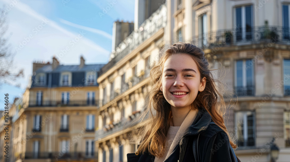 Fototapeta premium Happy Young Woman With Sunglasses And Straw Hat With A Backdrop Of Haussmannian Architecture And Building. Woman In The Streets Of Paris Capital of France
