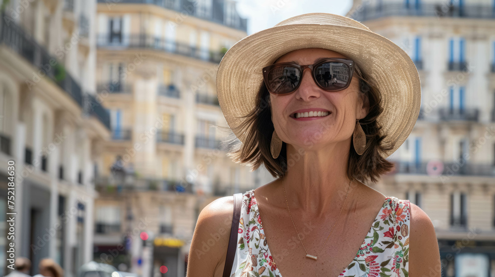 Woman With Sunglasses And Straw Hat With A Backdrop Of Haussmannian Architecture And Building. Woman In The Streets Of Paris Capital of France