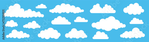 Collection of different abstract flat cartoon fluffy clouds isolated on blue sky panorama vector illustration. Weather forecast symbols set. Outdoor nature, spring weather cloudscape