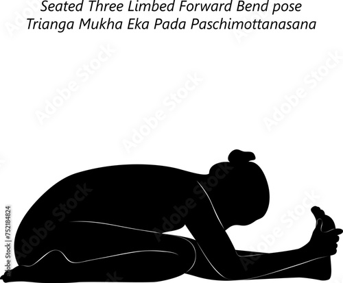 Silhouette of woman doing yoga Trianga Mukha Eka Pada Paschimottanasana. Seated Three Limbed Forward Bend pose or Half Hero Forward Bend pose. Isolated vector illustration
