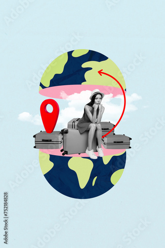 Vertical creative image poster young sitting girl traveler luggage homeless refugee relocation world destination marker refugee traveler