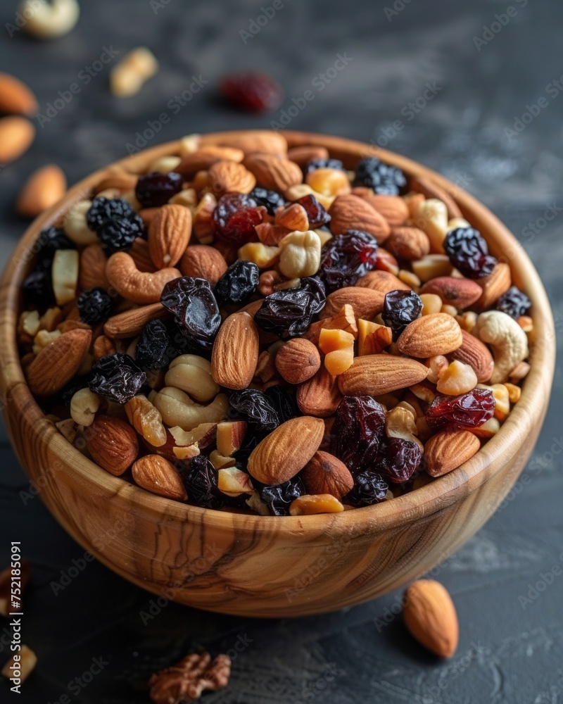 Top view of wooden bowl with nuts and dried fruit mix on dark wood boards. Vegetarian food background with copy space. Healthy eating and natural energy concept. Top view of wooden bowl with nuts and dried fruit mix on dark wood boards. Vegetarian food background with copy space. Healthy eating and natural energy concept.