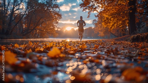 Man Running Through Park at Sunset