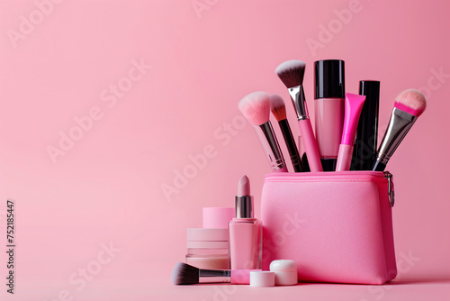 Spilled cosmetics from a pink makeup bag on a pastel surface