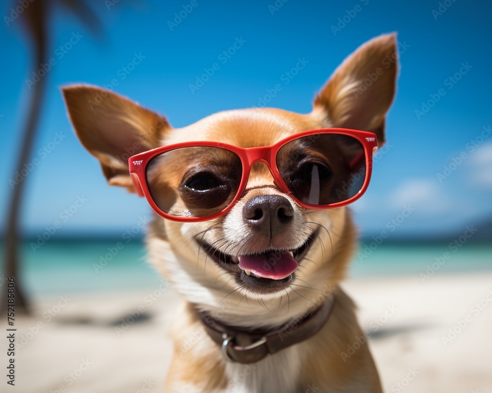 Beachbound chihuahua wearing red sunglasses offering a smile that embodies summer fun