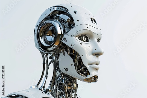 Futuristic human android robot face with head full of technology neural system. Concept of artificial intelligence.