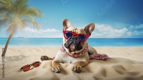 Beach day French bulldog tranquil seaside scene portrait with room for your message © chayantorn
