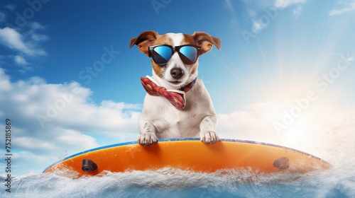 Creative surf dog Jack Russell on a board sunglasses style imaginative beach art with room for content