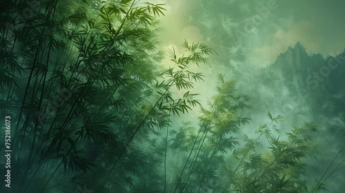 Vibrant green bamboo trees with a clouded backdrop