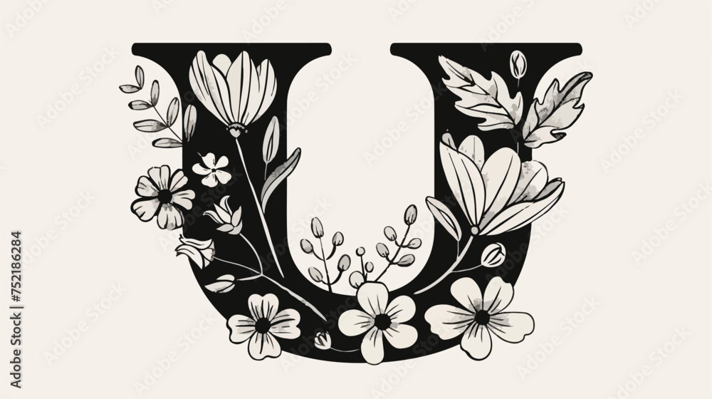 Vintage floral bold Letter U logo spring. Classic Sum - obrazy, fototapety, plakaty 